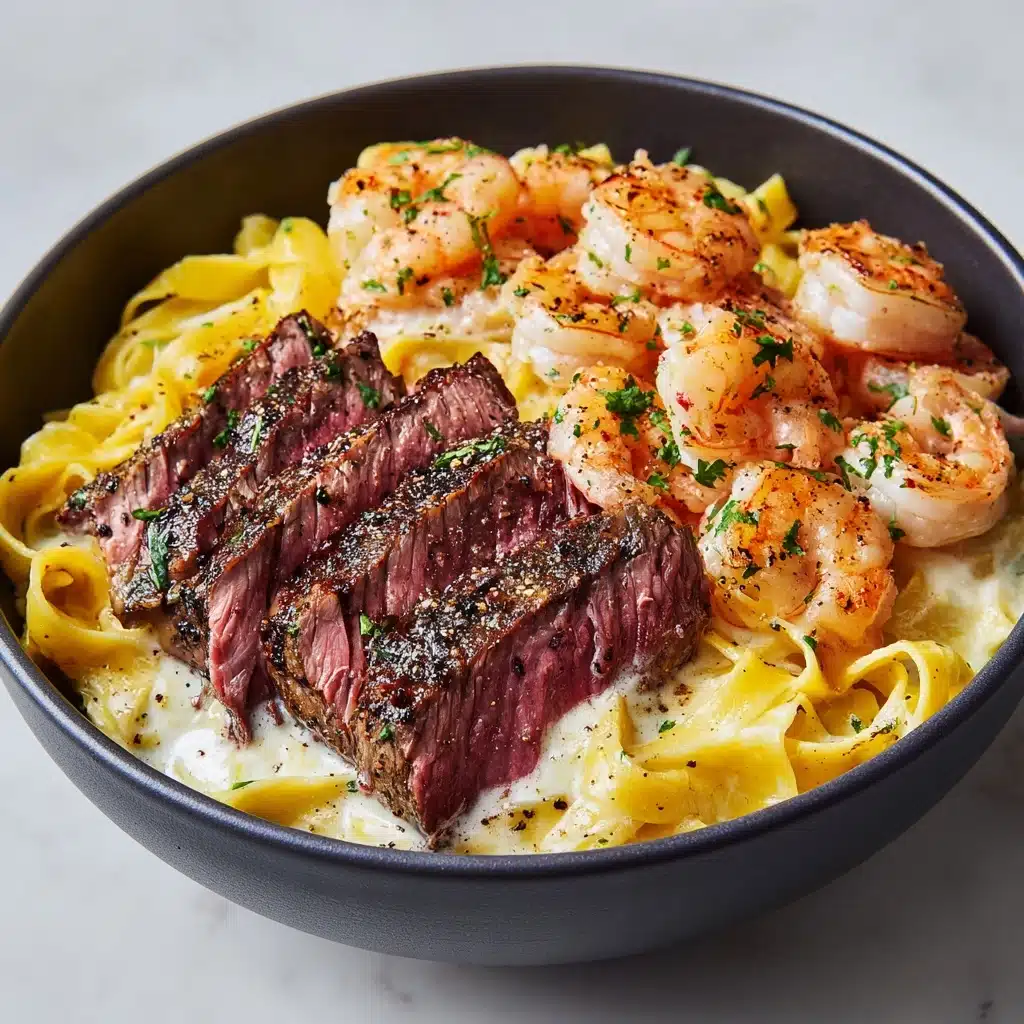 Blackened Steak and Shrimp Alfredo Recipe - Recipe Image