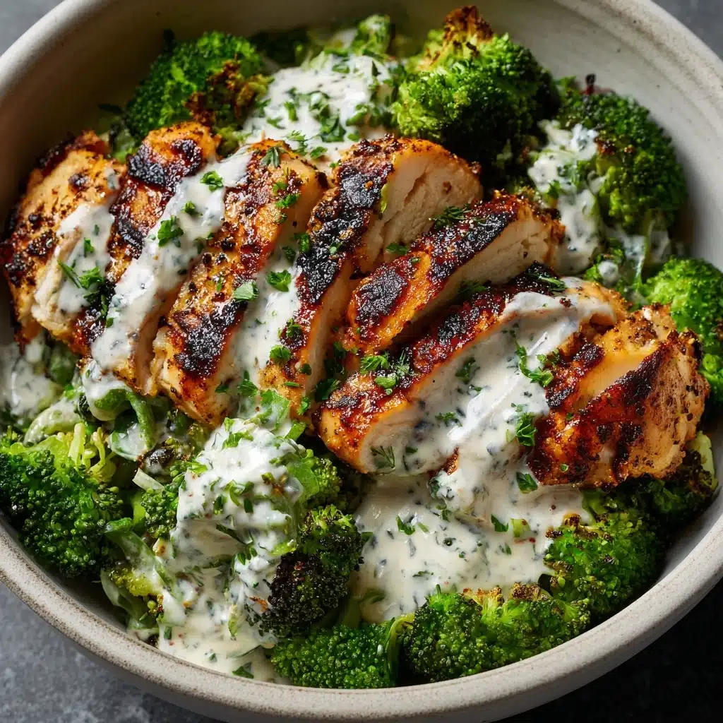 Grilled Chicken & Broccoli Bowls with Creamy Garlic Sauce Recipe - Recipe Image