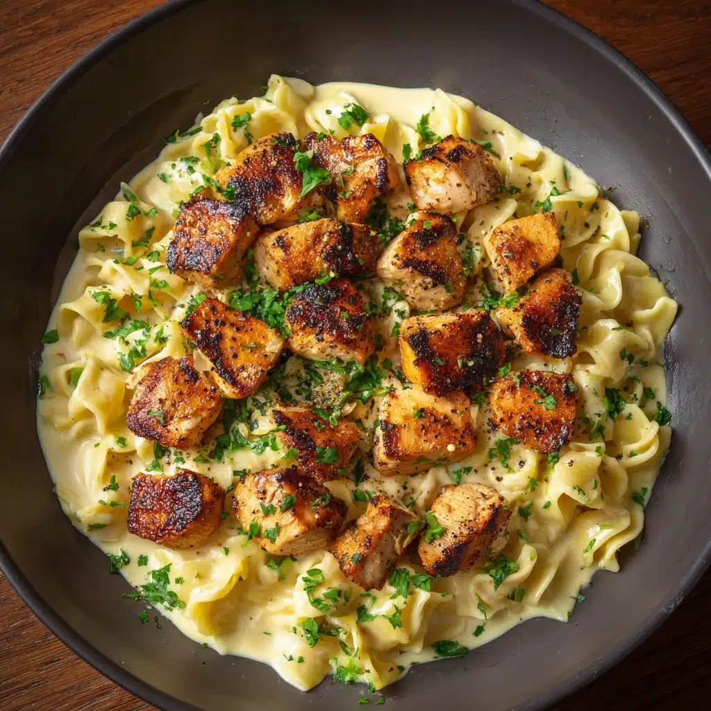 Garlic Butter Chicken Bites with Savory Creamy Parmesan Pasta Recipe - Recipe Image