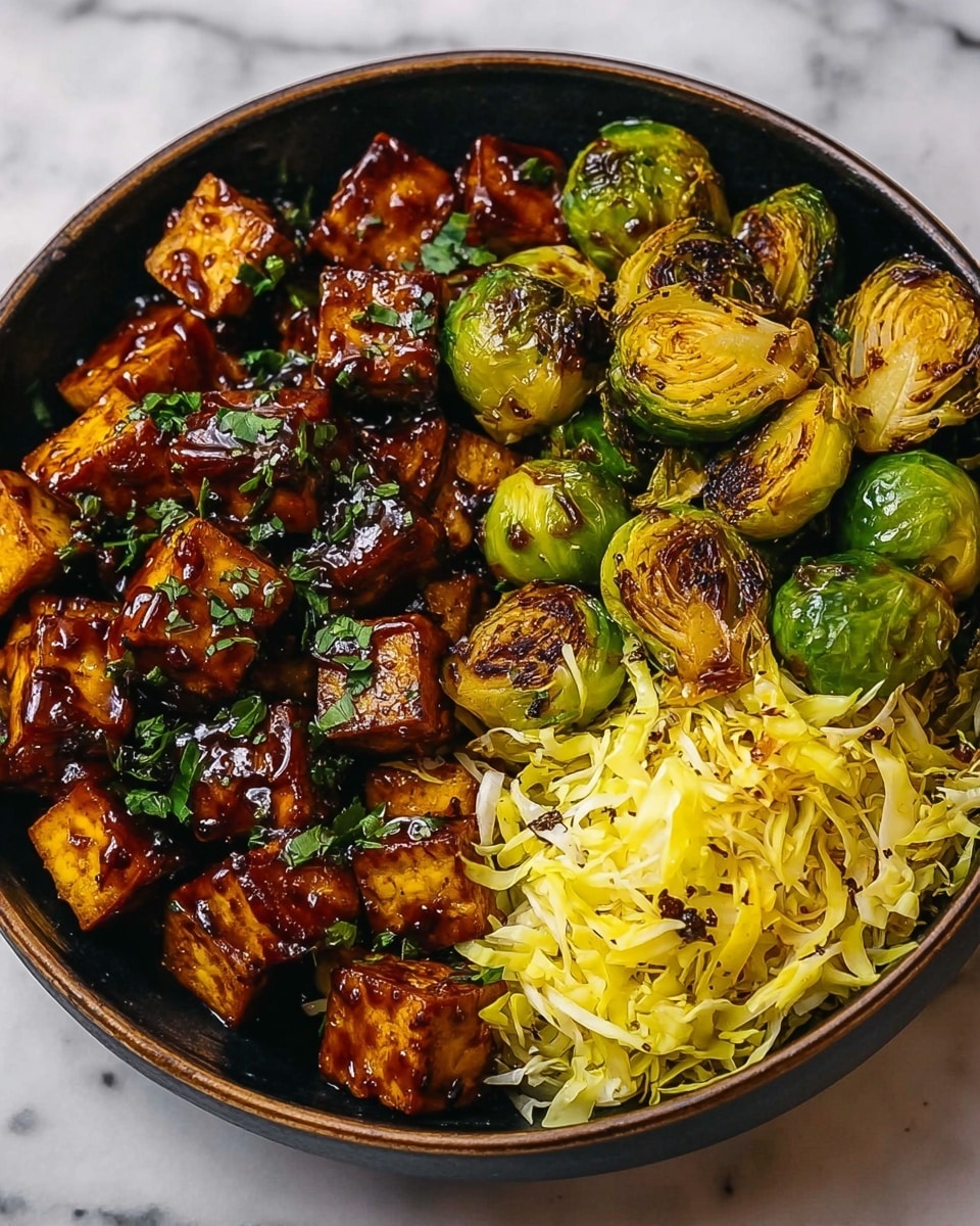 Pan-Fried Sticky Garlic Tofu with Oven-Roasted Brussels Sprouts Recipe - Recipe Image