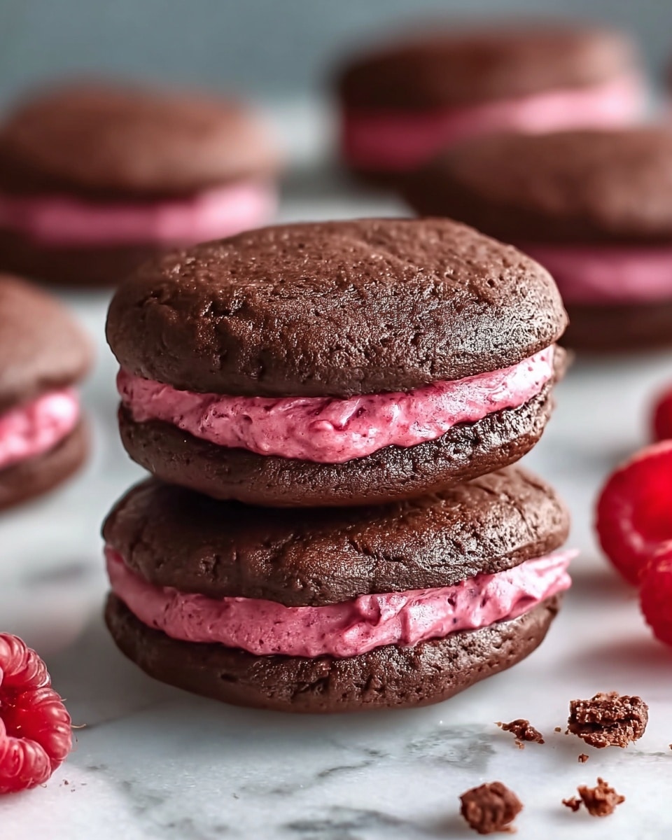 Chocolate Raspberry Sandwich Cookies with Ganache Drizzle Recipe - Recipe Image