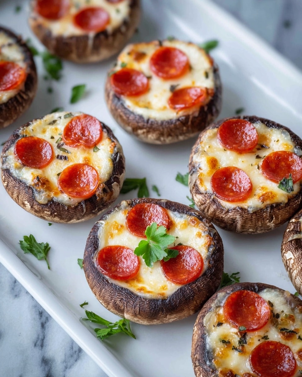 Keto Stuffed Mushrooms with Pepperoni, Olives, and Cheesy Topping Recipe - Recipe Image