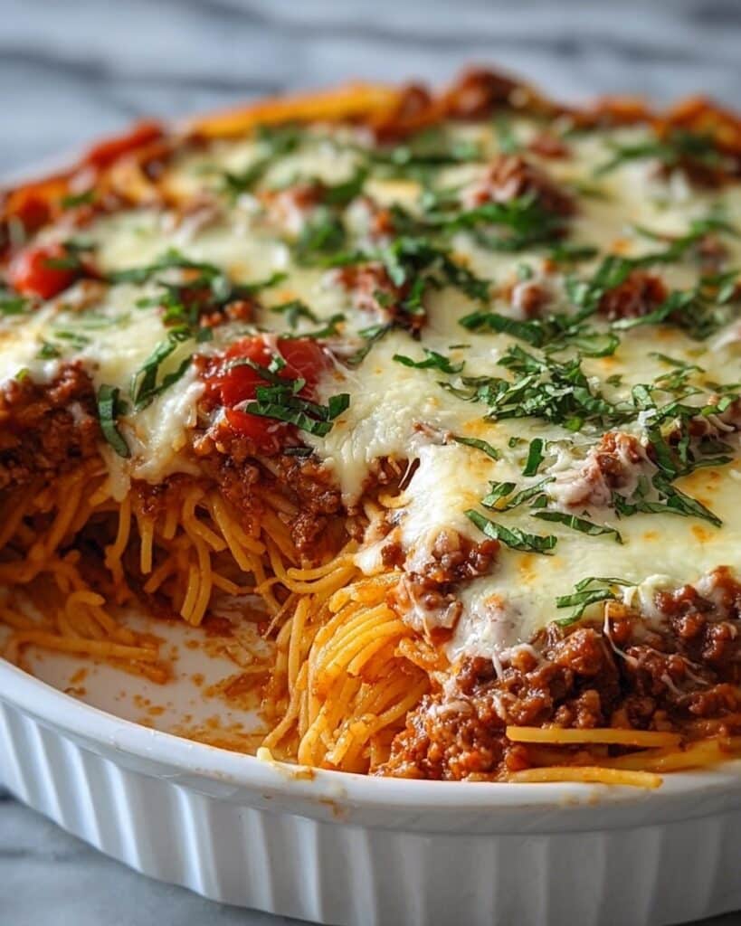 Spaghetti Pie with Meat Sauce, Ricotta, and Mozzarella Recipe