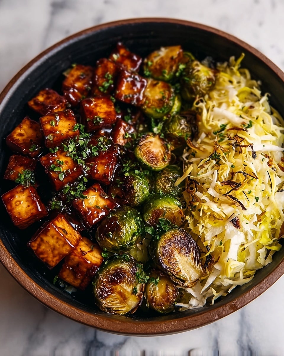 Pan-Fried Sticky Garlic Tofu with Oven-Roasted Brussels Sprouts Recipe - Recipe Image