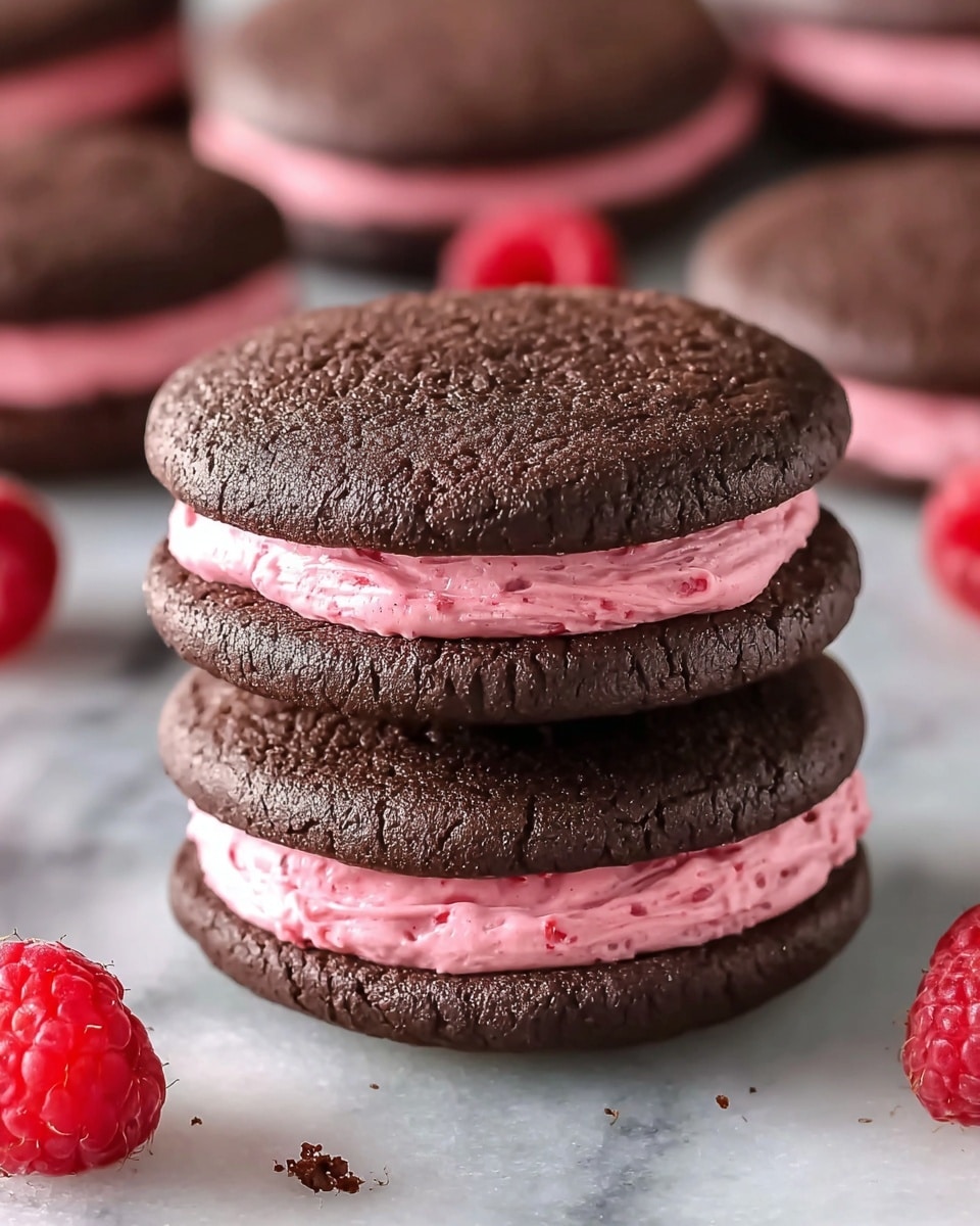 Chocolate Raspberry Sandwich Cookies with Ganache Drizzle Recipe - Recipe Image