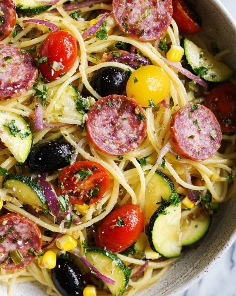 Spaghetti Salad with Fresh Vegetables, Salami, and Parmesan Recipe