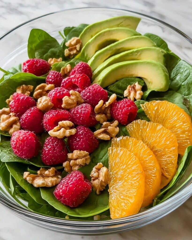 Raspberry-Spinach Salad with Avocado & Walnuts Recipe