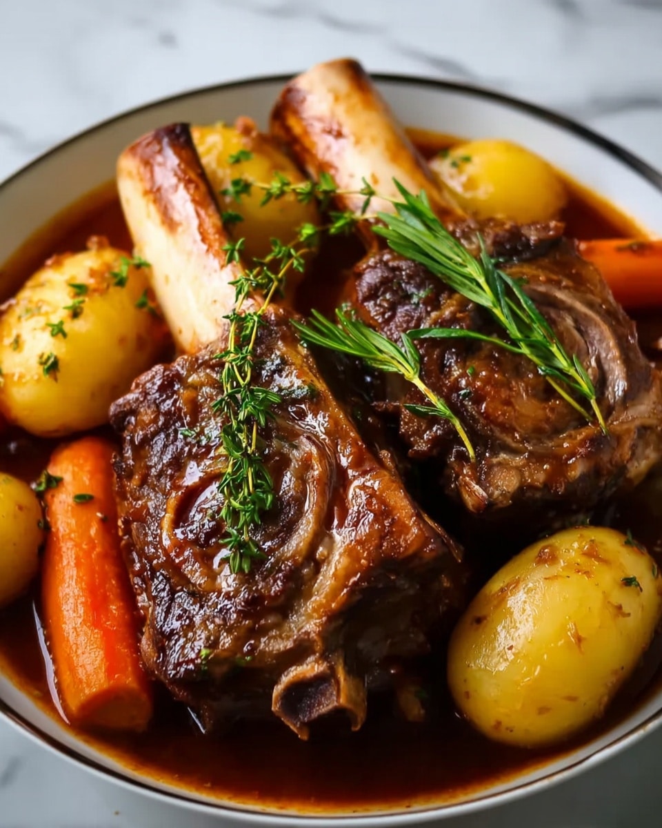 Braised Lamb Shanks with Pomegranate-Infused Sauce and Vegetables Recipe - Recipe Image