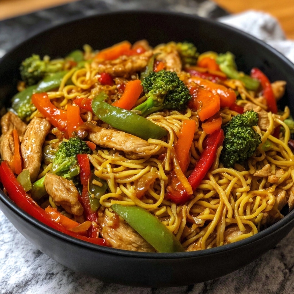 Garlic Chicken Lo Mein with Sautéed Vegetables Recipe