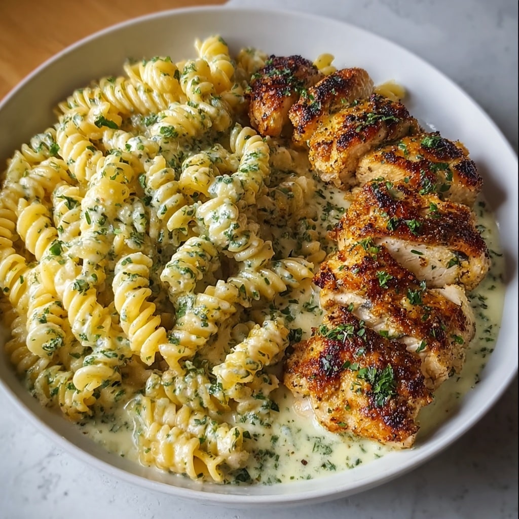 Creamy Garlic Parmesan Chicken with Cheesy Twisted Pasta Recipe - Recipe Image