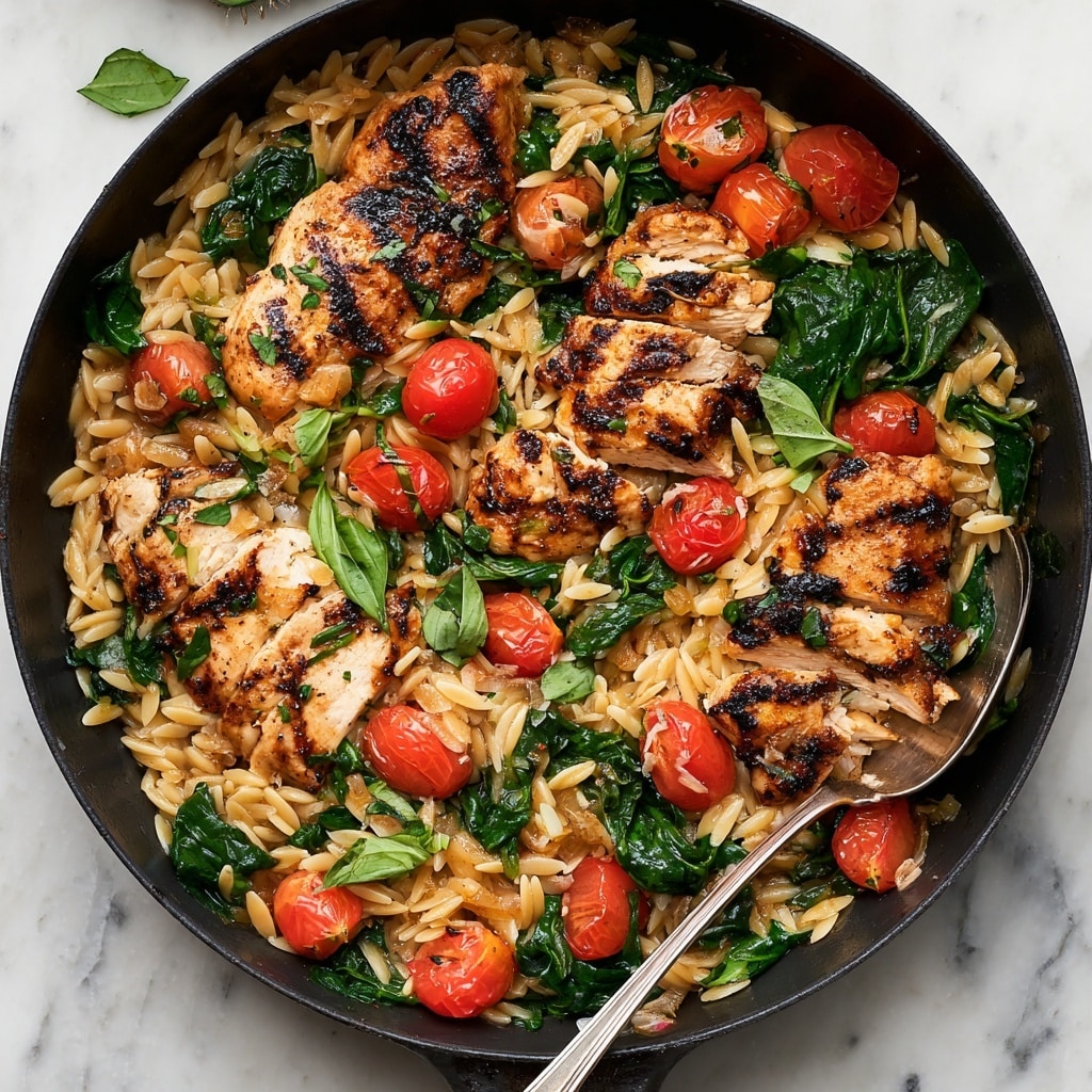 Chicken Orzo with Cherry Tomatoes and Spinach Recipe
