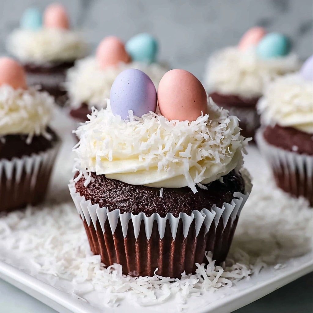 Easter Chocolate Coconut Cupcakes with Ganache and Candy Eggs Recipe - Recipe Image