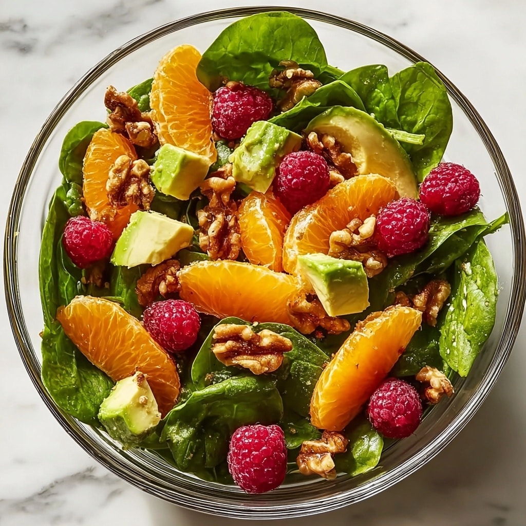 Raspberry-Spinach Salad with Avocado and Walnuts Recipe - Recipe Image