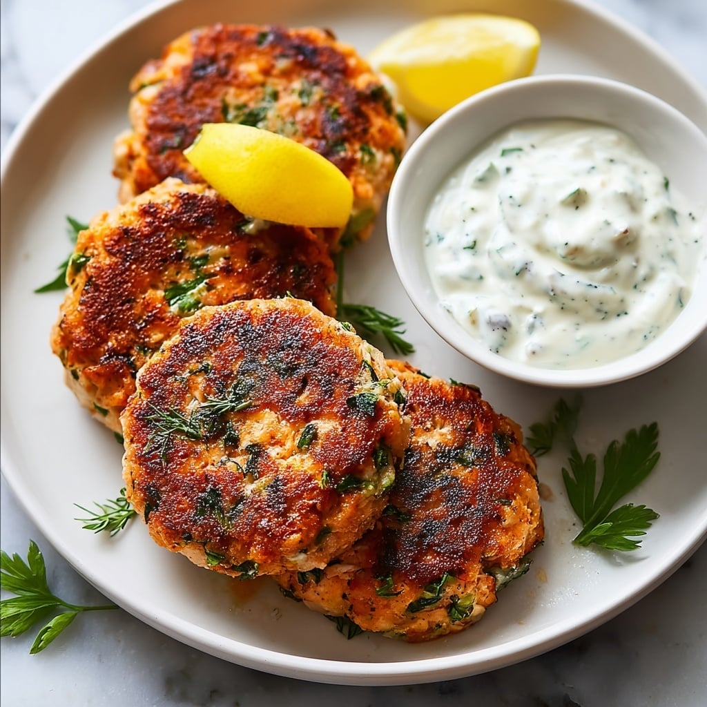 Easy Salmon Patties with Creamy Lemon-Garlic Sauce Recipe - Recipe Image