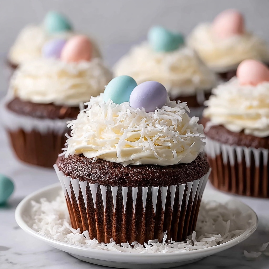Easter Chocolate Coconut Cupcakes with Ganache and Candy Eggs Recipe - Recipe Image