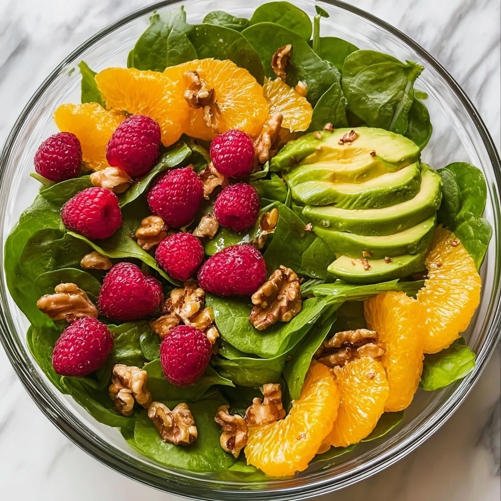 Raspberry-Spinach Salad with Avocado and Walnuts Recipe - Recipe Image